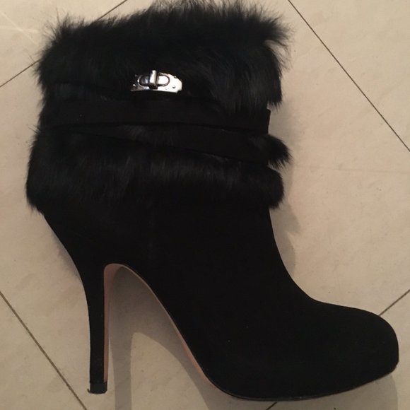 Coach Janeva Fur Trim Round Toe Ankle Boots / Black Suede (8) - Picture 11 of 12